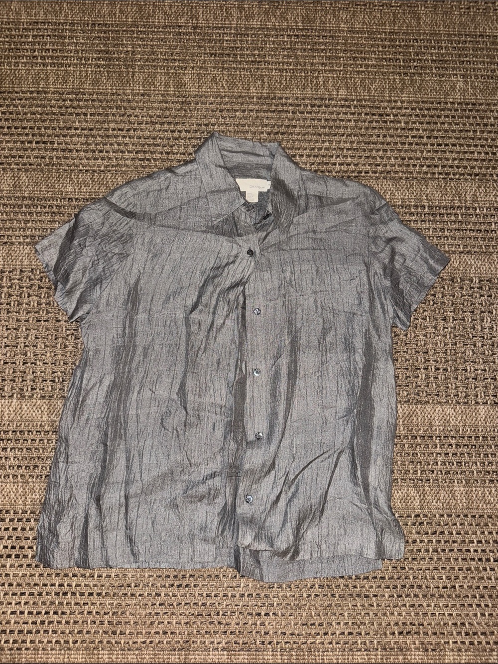 DKNY Pure Silk Short-Sleeve Button-Up Shirt in Charcoal Gray